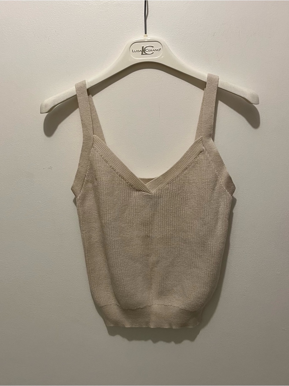 Beige Knit V-Neck Tank Top